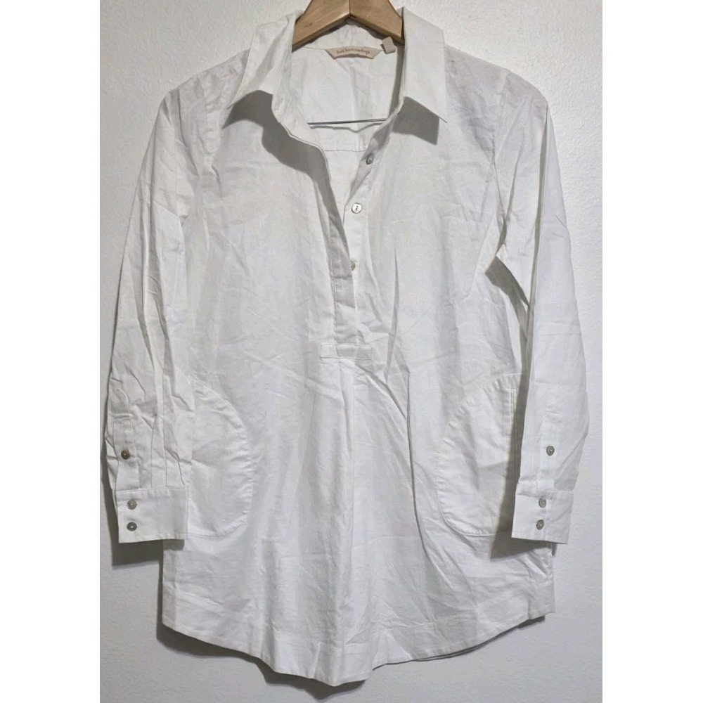 Soft Surroundings PM Petite White Cotton Pockets Collar Long Sleeve Tunic‎ Print